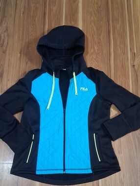 Fila Black and Bright Turquoise Hooded Quilted Jacket with Neon Yellow Accents